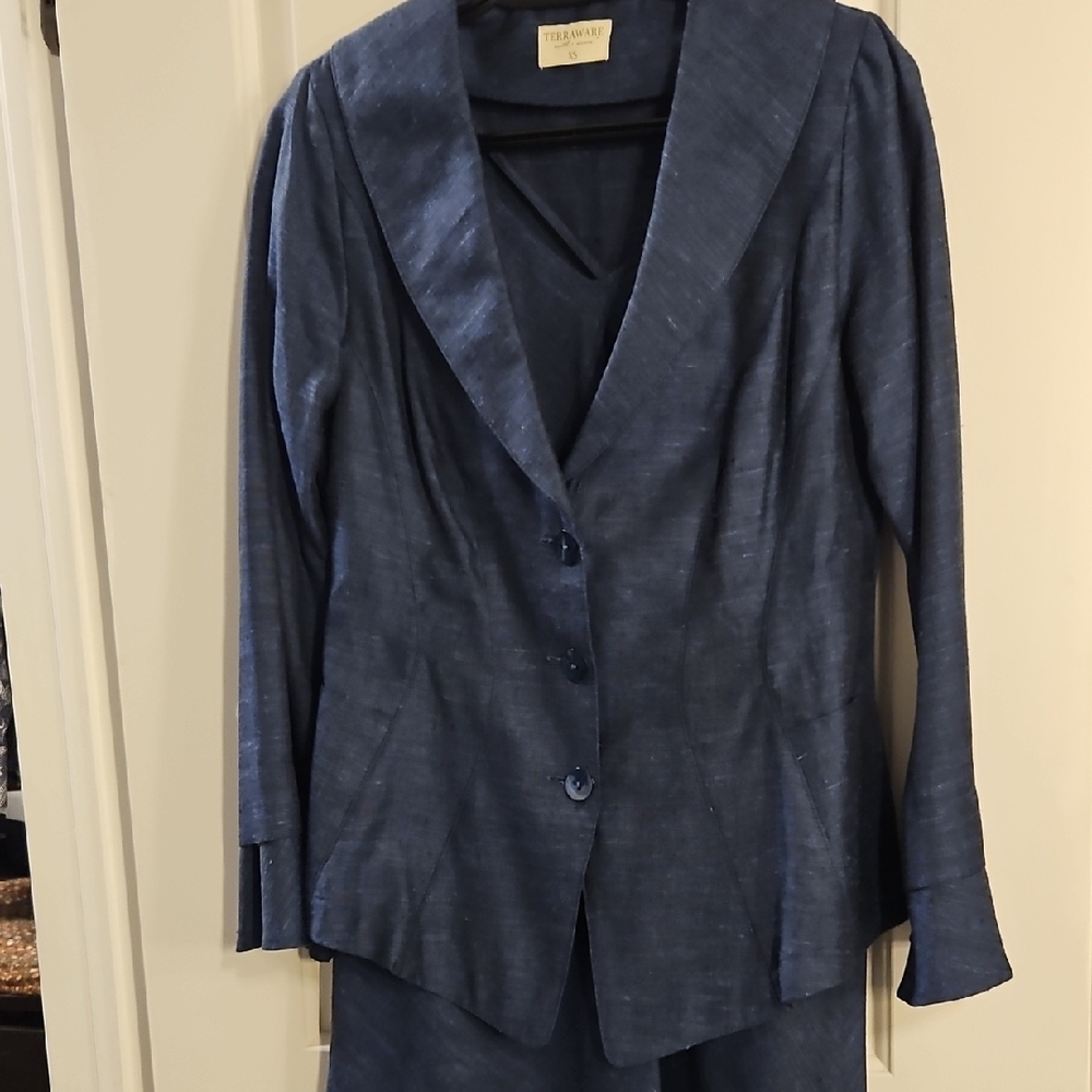 Blue Linen Peplum Jacket and Dress Set